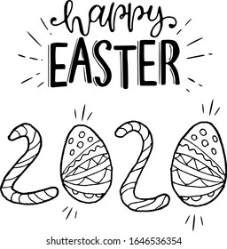 Happy Easter 2020 year in doodle style black and white coloring. egg instead of zero.Vector illustration