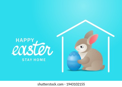 Feliz banner de bienvenida de Pascua 2021. Quédate en casa para las vacaciones. el conejo de Pascua se sienta en casa. inscripción de felicitación. ilustración vectorial