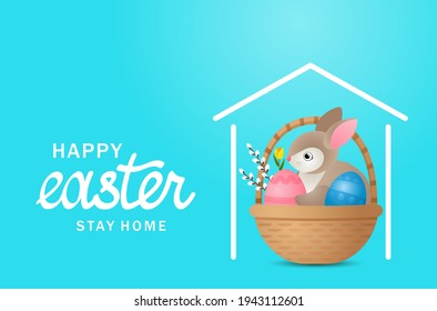 Happy Easter 2021 greeting banner.Stay home for the holiday. easter bunny in a basket with an egg and flowers sits at home. congratulatory inscription. vector illustration