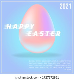 Happy Easter 2021. Pink holographic Easter egg with pastel blue background and text. Futuristic minimalist template for posters, banners, flyers. Trendy retrowave design. Vector illustratration.