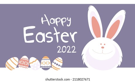 Happy Easter 2022 greeting card with funny bunny and lettering design