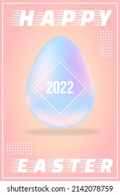 Happy Easter 2022 poster. Futuristic holographic 3d Easter egg with pastel geometric background. Minimalistic trendy banner in retro wave 90s style. Modern vector illustration
