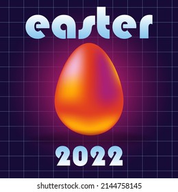 Feliz Pascua 2022. Cartel cibernético retro futurista. Diseño festivo de ondas sintéticas con huevo holográfico 3d de Pascua y rejilla de neón. Concepto cuadrado para los medios sociales.Ilustración vectorial de moda estilo años 80 y 90