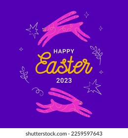 Happy easter 2023 poster with colorful easter bunnies and lettering. Easter gift card concept.