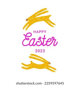 Happy easter 2023 poster with colorful easter bunnies and lettering. Easter gift card concept.