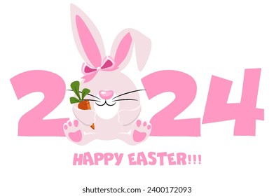 Happy Easter 2024, Cartoon Rabbit with carrot. Flat Cartoon Style