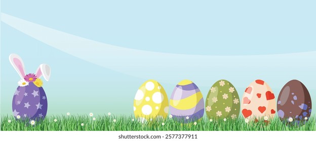 Happy Easter 2025 banner with colored eggs