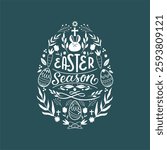 Happy Easter 2025 clip arts arranged in decorated egg shape with great typography. Best for Easter greeting, digital prints, t-shirt and flyer. Easter decorated egg vector illustration