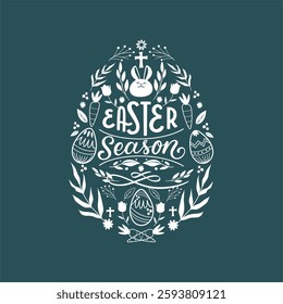 Happy Easter 2025 clip arts arranged in decorated egg shape with great typography. Best for Easter greeting, digital prints, t-shirt and flyer. Easter decorated egg vector illustration