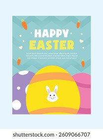 Happy Easter 2025 Greeting Card, Instagram Post, Poster with Bunny and Colorful Eggs - Flat Illustration Vector