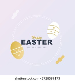 Happy Easter 2026 Greeting Card Design with Elegant Gold and White Eggs on Minimalist Black Background with Spring Blessings Quote