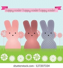 Happy Easter (3 bunnies) on blue background. Vector Illustration