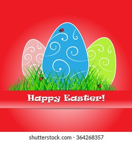Happy easter with 3 eggs on a grass and lady bugs