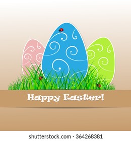 Happy easter with 3 eggs on a grass and lady bugs