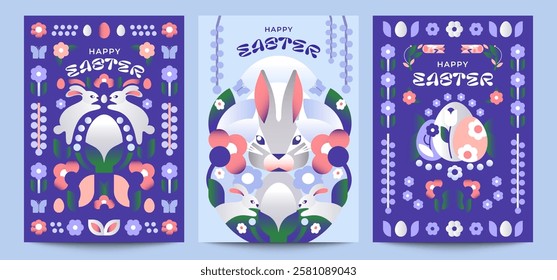 Happy Easter! 3 illustrations in Scandinavian style. Decorative symmetrical design with bunnies, Easter eggs and bunch of flowers. Gentle, pastel palette. 
Ideal for flyers, branding, posters and more