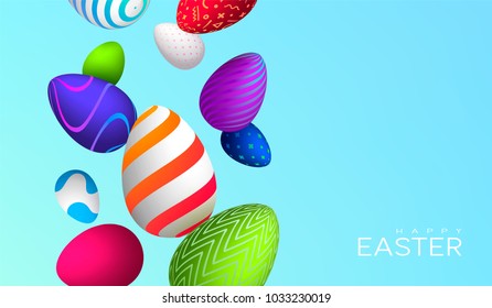 Happy Easter 3d background, trendy patterns with Eggs. Spring holiday flyers, banners, posters and templates design. Vector illustration.