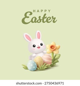 Happy Easter. 3D bunny hiding in spring flowers and Easter eggs. Green banner. Spring card. Vector illustration