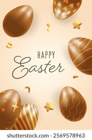 Happy Easter, 3D chocolate eggs greeting card, Easter on warm background