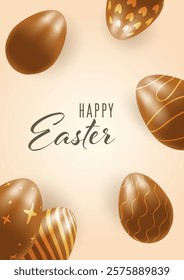 Happy Easter, 3D chocolate eggs greeting card, Easter on a warm background