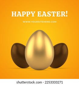 Happy Easter 3d chocolate golden chicken eggs treat traditional food social media post design template realistic vector illustration. Religious holiday eggshell festive celebration decor element