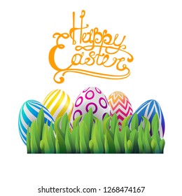 happy Easter 3D colorful eggs in green grass, vector
