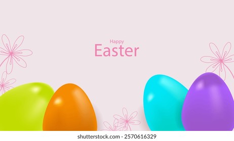 Happy easter 3d Colorful eggs banner design. Floral pattern. For Social Media web packaging and advertising. Template postcard invitation poster. Vector illustration.