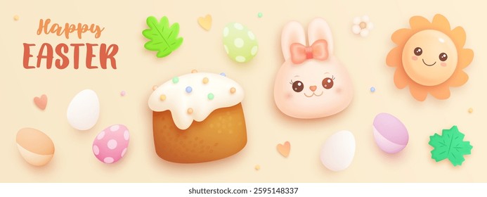 Happy Easter 3d design element set. Realistic cartoon easter egg, cute easter bunny, colorful easter cake isolated on background. Eggs hunt decoration. Vector illustration