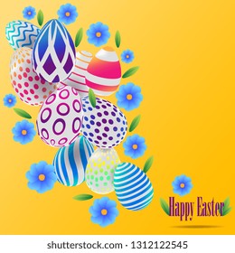 happy Easter, 3D eggs, flowers, leaves, vector illustration