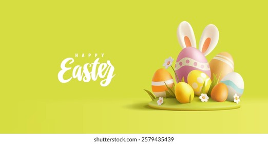 Happy Easter. 3D Easter eggs, grass, daisies, bunny ears. Green banner for celebration and Easter greetings. Vector