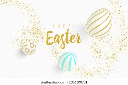 Happy Easter 3D eggs on bright background. cute calligraphy and golden glitters. creative design for web, social media, ad, promotion, greeting, card, invitation.