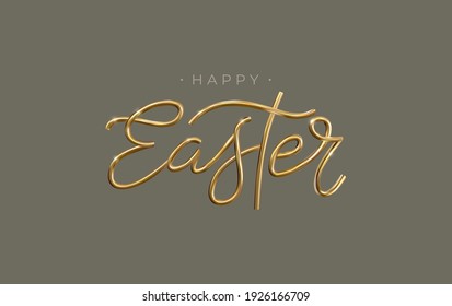 Happy Easter 3d golden lettering inscription. Vector Easter decorative gold calligraphy.