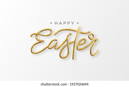 Happy Easter 3d golden lettering inscription. Vector Easter decorative gold calligraphy.