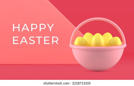 Happy Easter 3d greeting banner poster basket full of golden eggs at pink geometric studio background realistic vector illustration. Religious holiday congratulations decorative card festive design