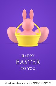 Happy Easter 3d greeting card bunny bauble in basket with painted chicken eggs design template realistic vector illustration. Religious festive holiday congratulations rabbit eggshell decor element