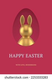 Happy Easter 3d greeting card golden rabbit bauble egg hole surprise design template realistic vector illustration. Bunny animal character toy religious holiday festive celebration Christianity decor