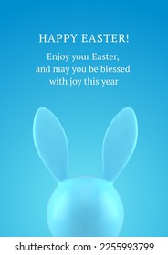 Happy Easter 3d greeting card blue bunny head long ears design template realistic vector illustration. Rabbit bauble Christianity holiday religious event congratulations animal character toy decor