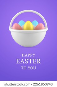 Happy Easter 3d greeting card basket full of colored painted chicken eggs design template realistic vector illustration. Traditional religious holiday treat food postcard event congratulations decor