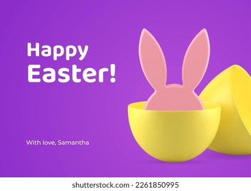 Happy Easter 3d greeting card bunny long ears hiding in painted egg half design template realistic vector illustration. Religious traditional holiday rabbit hide in eggshell congratulations decor