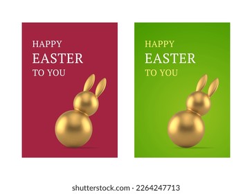 Happy Easter 3d greeting card set premium bunny golden bauble design template realistic vector illustration. Religious holiday red green congratulations rabbit tumbler festive event invitation