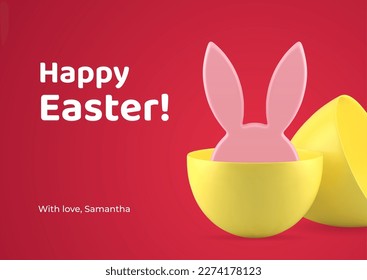Feliz Pascua 3d tarjeta de saludo conejo orejas largas escondiéndose en una plantilla de diseño medio de huevo pintado ilustración vectorial realista. El conejo religioso tradicional de vacaciones se esconde en la decoración de enhorabuena