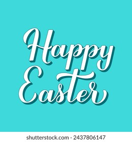 Happy Easter 3d lettering on mint green background. Easter celebration typography poster. Spring holidays illustration in retro style. Vector template for party invitation, greeting card, banner