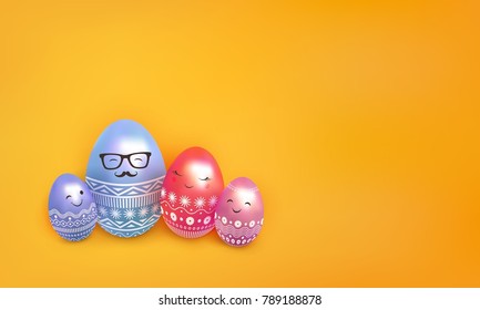 Happy easter. 3d painted egg. Eggs family: father, mother and children. Copy space for text. Negative space. Orange background with isolated abstract objects. Vector illustration