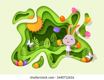 Happy Easter 3d paper cut layered design with funny rabbit, Easter eggs, stylized trees, wavy multilayered effect. Vector illustration for website, poster, promotion, ad, coupon, banner, flyer