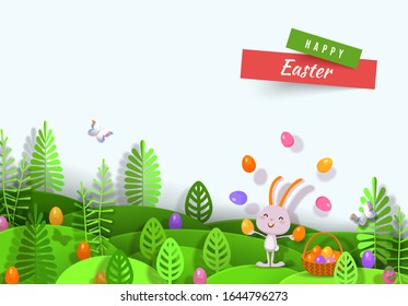 Happy Easter 3d paper cut layered design with funny rabbit, Easter eggs, stylized trees, wavy multilayered effect. Vector illustration for website, poster, promotion, ad, coupon, banner, flyer