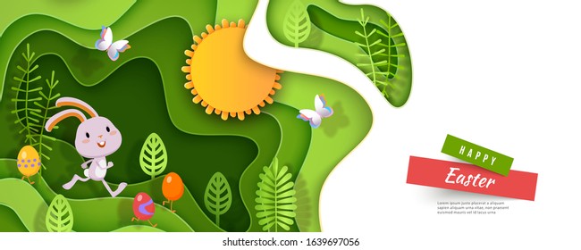 Happy Easter 3d papercut layered design with funny rabbit, Easter eggs, basket, stylized plants, wavy multilayered effect. Vector illustration for website, poster, promotion, ad, coupon, banner, flyer