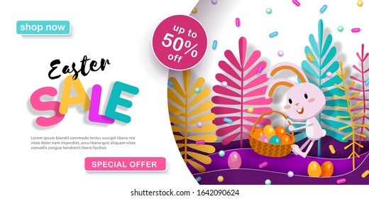 Happy Easter 3d papercut layered design with funny rabbit, Easter eggs, basket, stylized plants, wavy multilayered effect. Vector illustration for website, poster, promotion, ad, coupon, banner, flyer