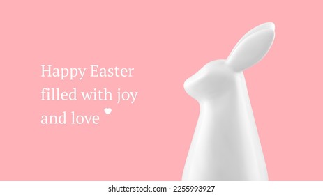 Happy Easter 3d rabbit minimal banner festive holiday design template realistic vector illustration. White bunny bauble traditional spring religious character with long ears celebration decor element