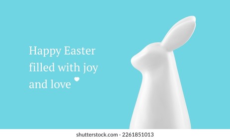 Happy Easter 3d rabbit minimal banner festive holiday design template realistic vector illustration. White bunny bauble traditional spring religious character with long ears celebration decor element