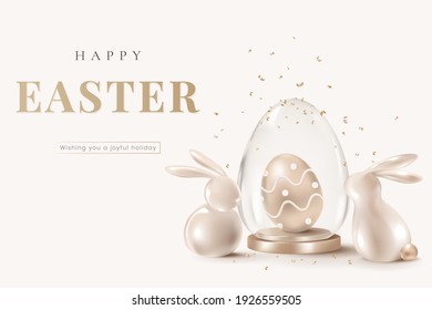 Happy Easter 3D rendering banner template vector with golden bunnies and egg