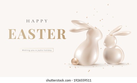 Happy Easter 3D rendering banner template vector with golden bunnies